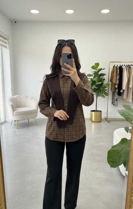 قميص مربعات مع سكارف 5702